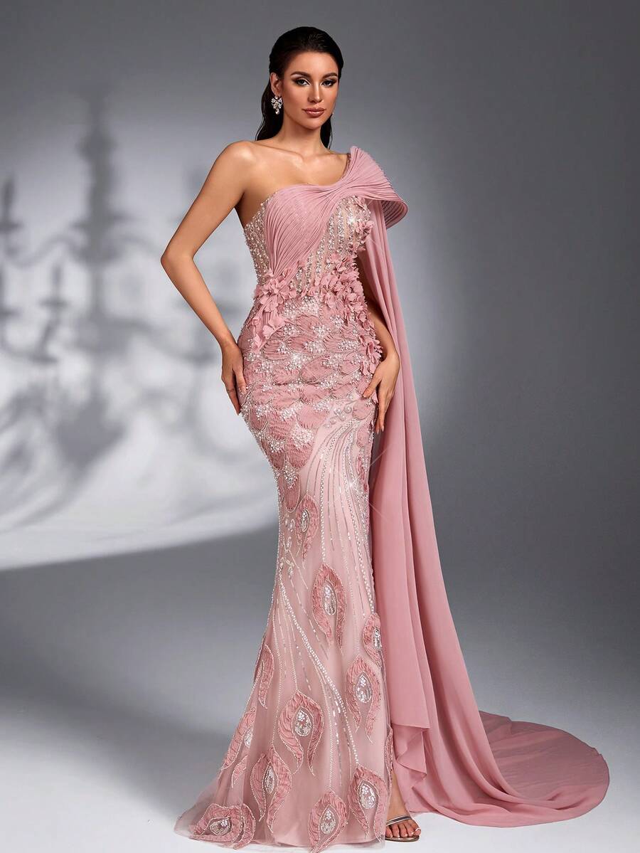 SD3272 Lotus Pink 3D Floral Cape Sleeve Gown