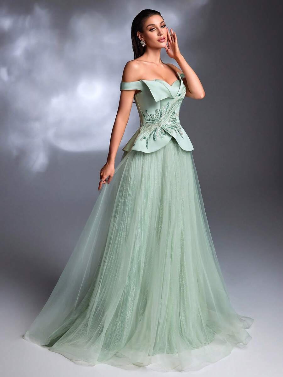 SD3263 One-Shoulder Satin & Mesh A-Line Gown image 4