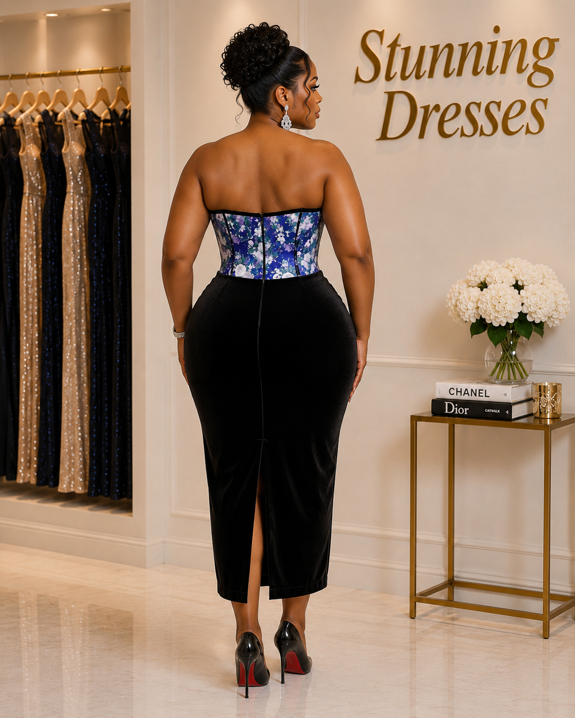 Plus Size Floral Corset Velvet Midi Dress in Dark Green - front view