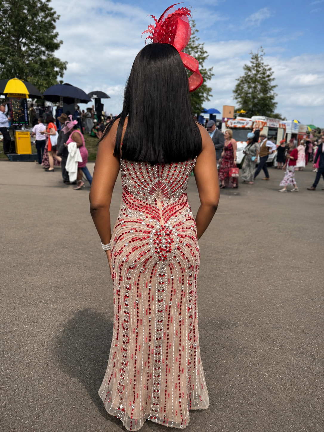 Nude Crystal Ruby Rhinestone Fishtail Maxi Gown - back view at Royal Ascot