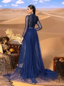 SD3223 Geometric Beaded Tulle A-Line Gown - UK16(XL), Navy Blue image