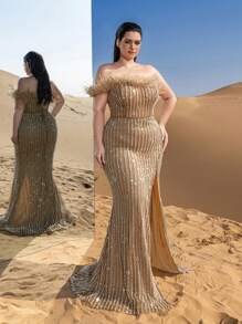 SD3251 Feather Detail Beaded Sequin Mermaid Gown image 5