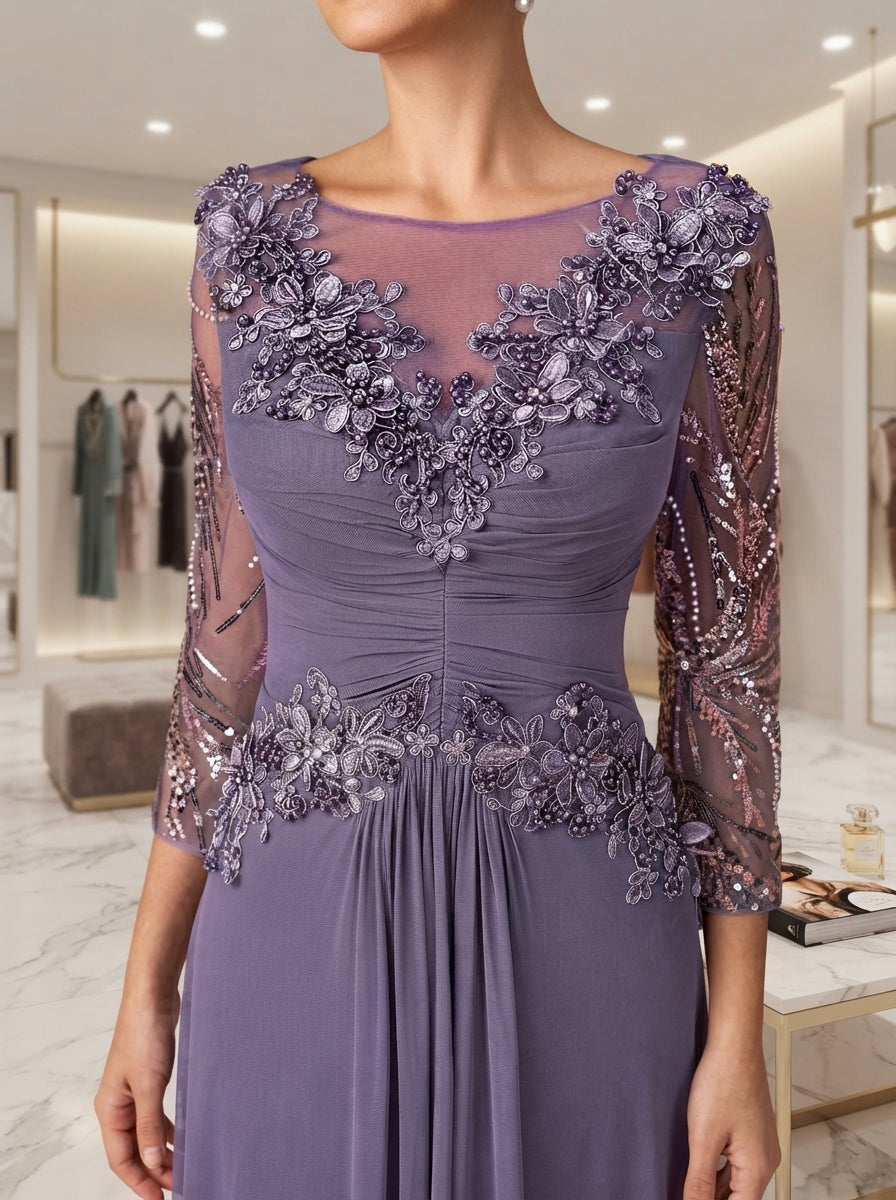 SDE3289 Luxury Beaded Floral Sequin Gown with Sheer Mesh Sleeves