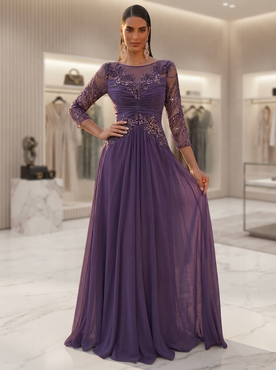 SDE3289 Luxury Beaded Floral Sequin Gown with Sheer Mesh Sleeves