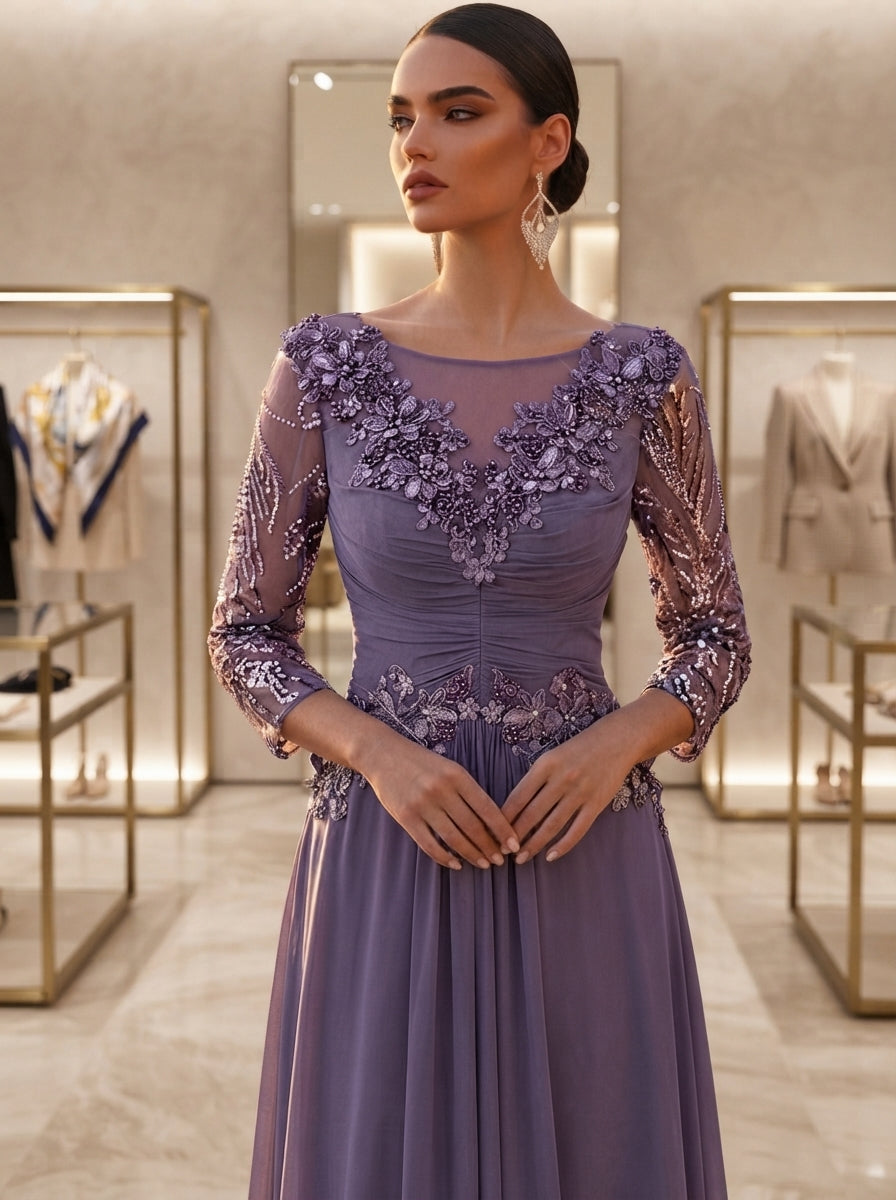 SDE3289 Luxury Beaded Floral Sequin Gown with Sheer Mesh Sleeves
