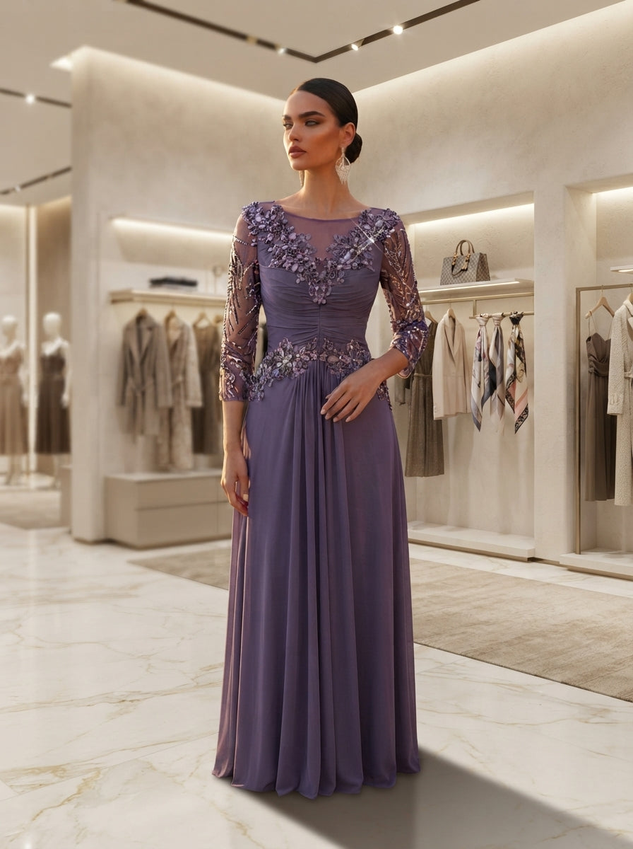 SDE3289 Luxury Beaded Floral Sequin Gown with Sheer Mesh Sleeves