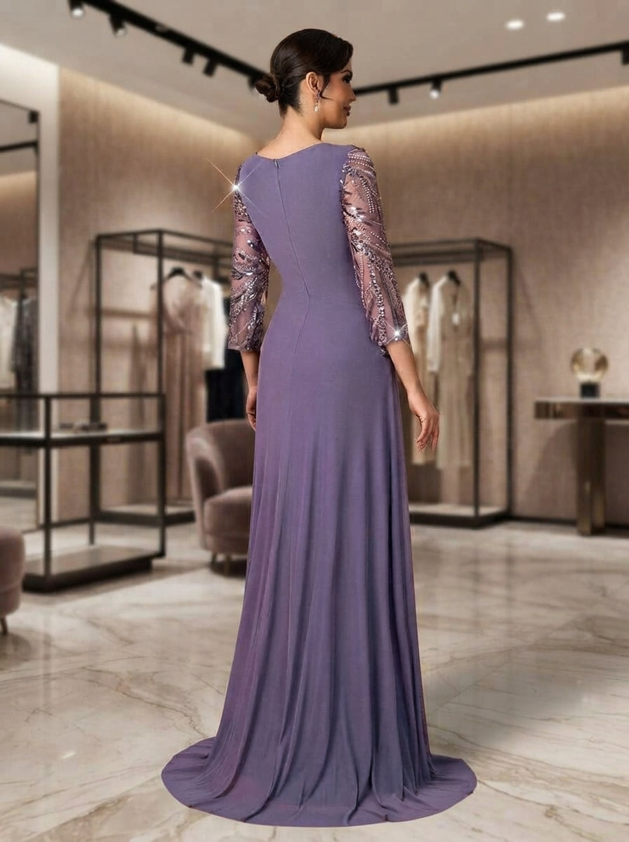 SDE3289 Luxury Beaded Floral Sequin Gown with Sheer Mesh Sleeves
