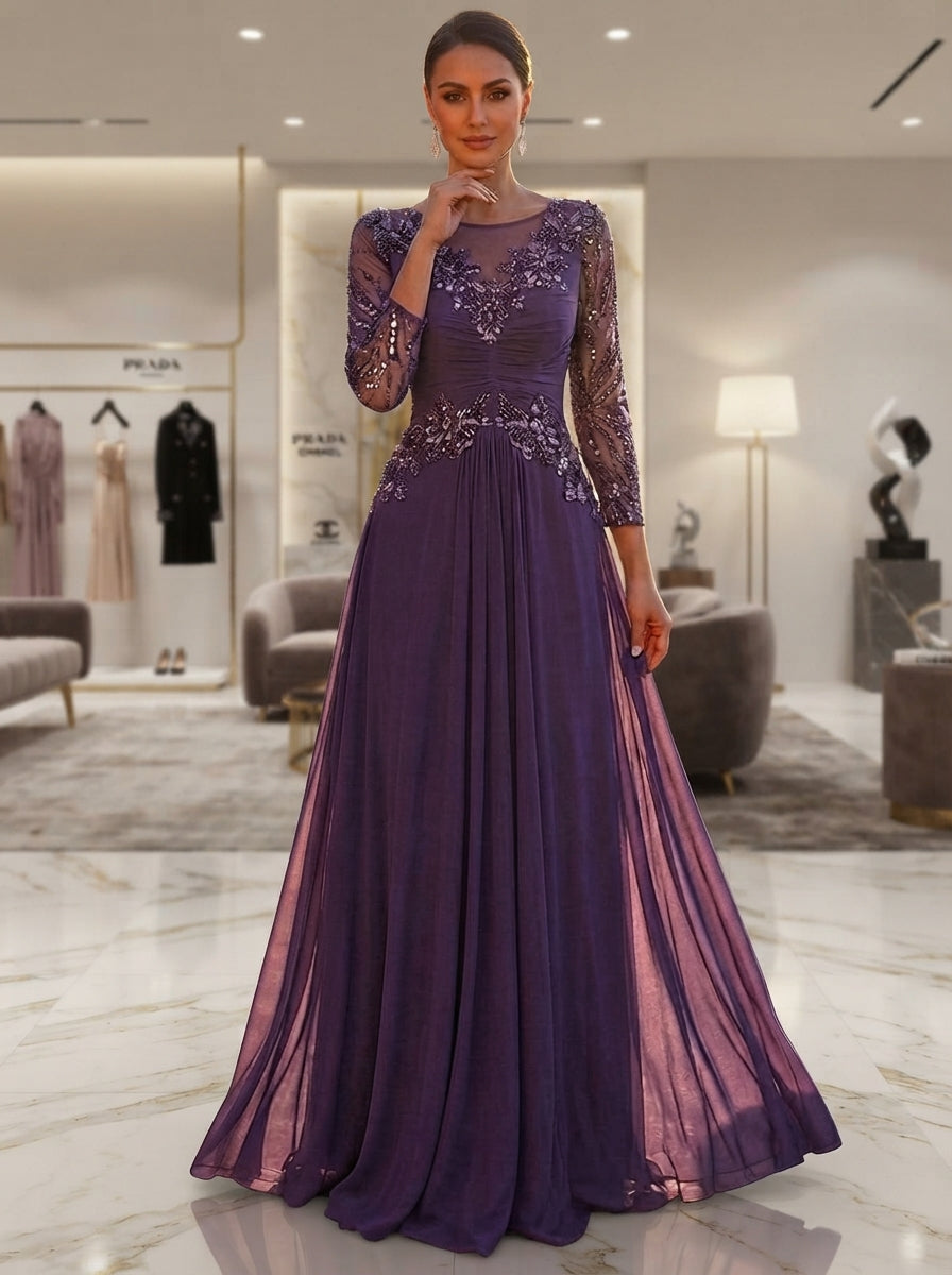 SDE3289 Luxury Beaded Floral Sequin Gown with Sheer Mesh Sleeves