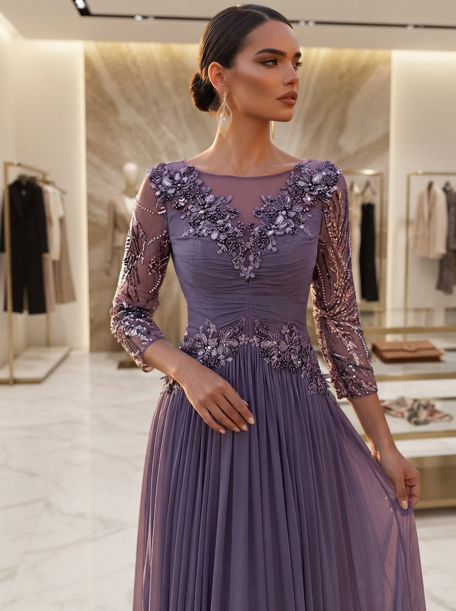 SDE3289 Luxury Beaded Floral Sequin Gown with Sheer Mesh Sleeves