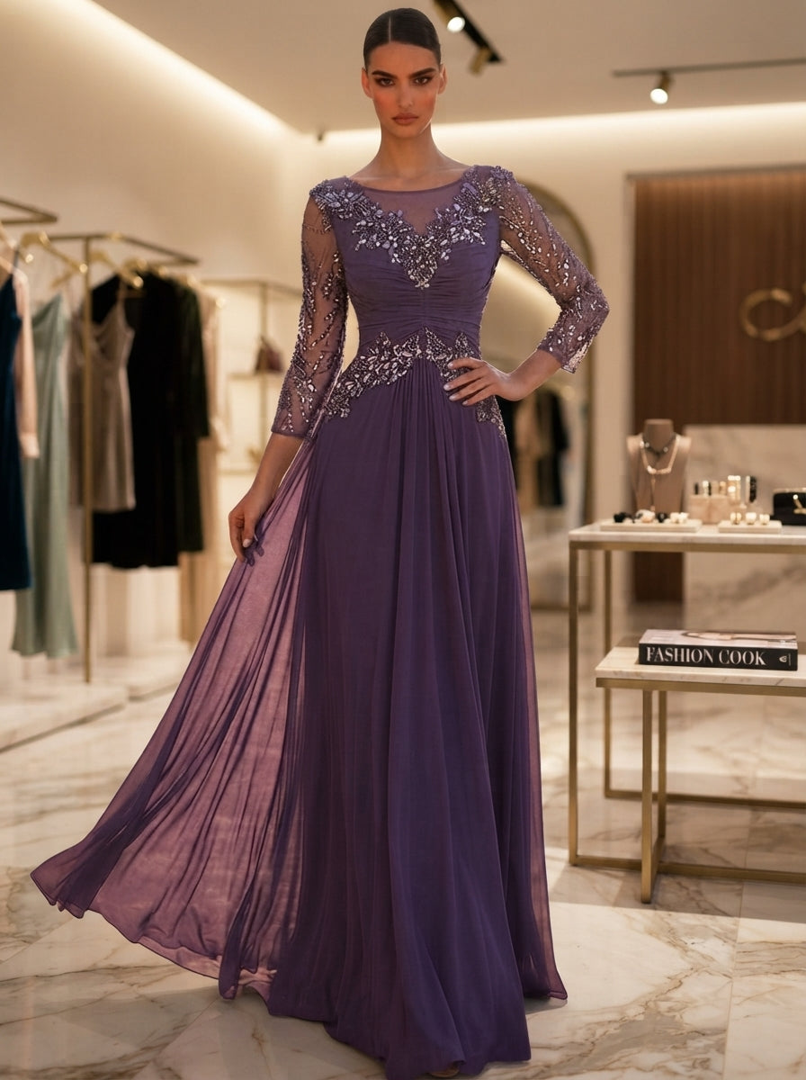 SDE3289 Luxury Beaded Floral Sequin Gown with Sheer Mesh Sleeves