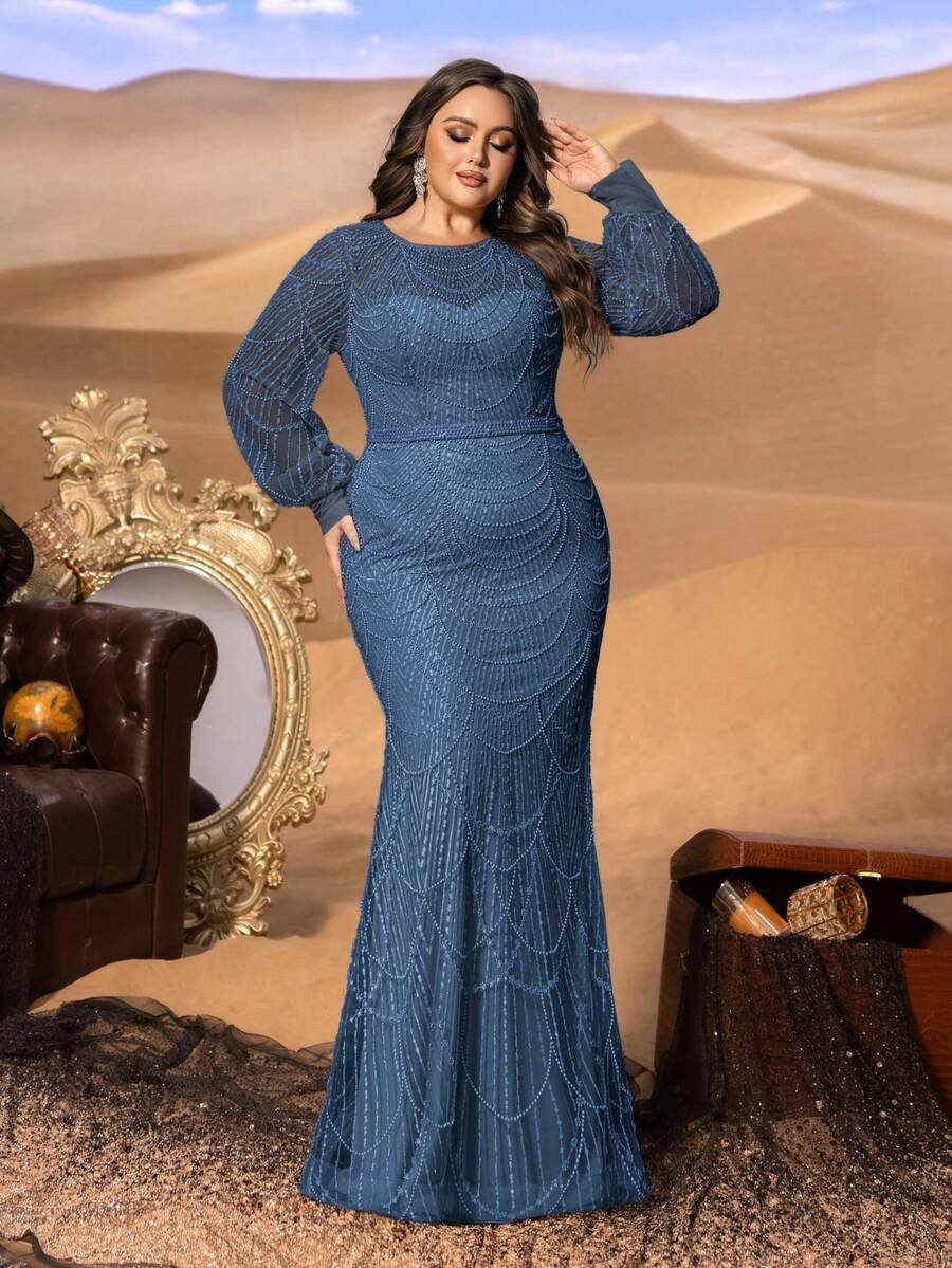 SD3234 Plus Size Arc Sequin Mermaid Gown - Uk18 (1XL), Dusty Blue image