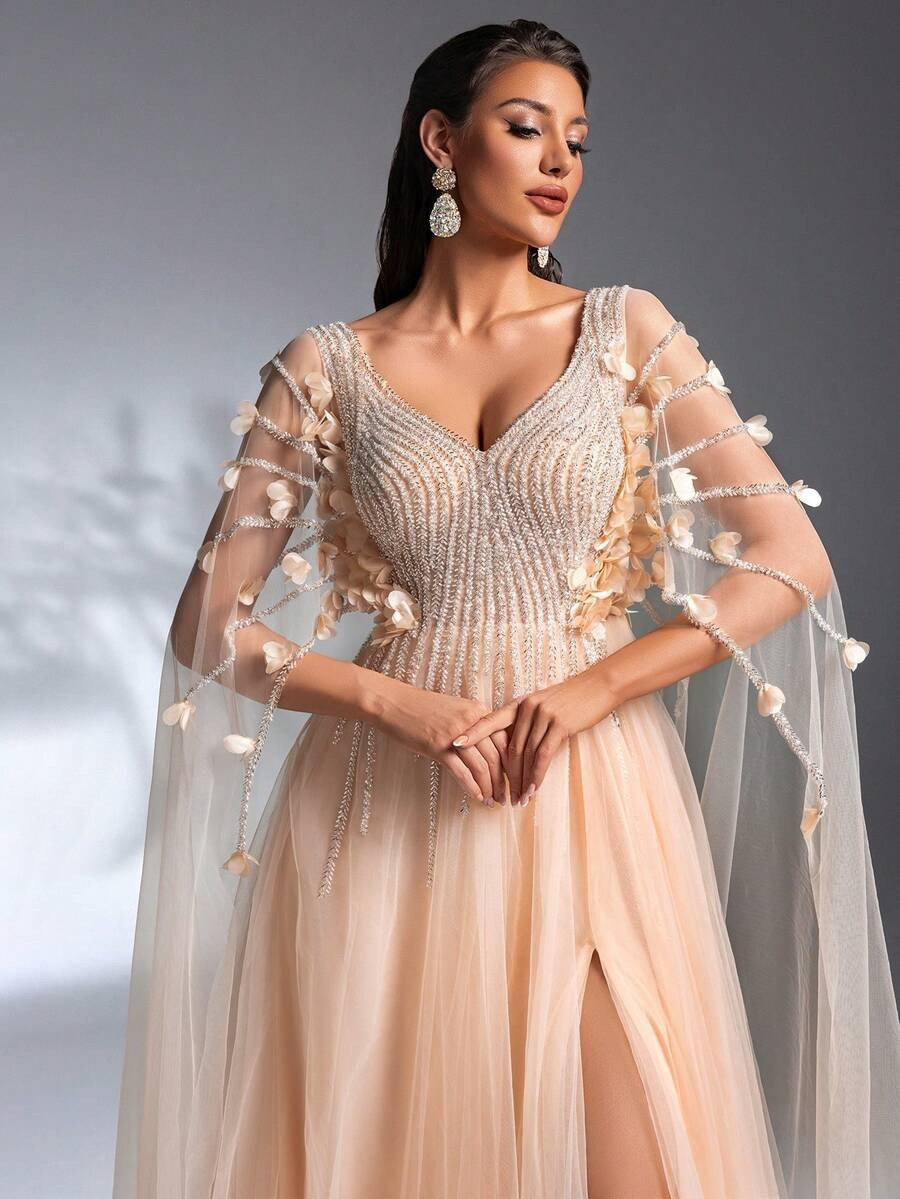 SD3208 Cloak Sleeve 3D Floral Mesh Gown