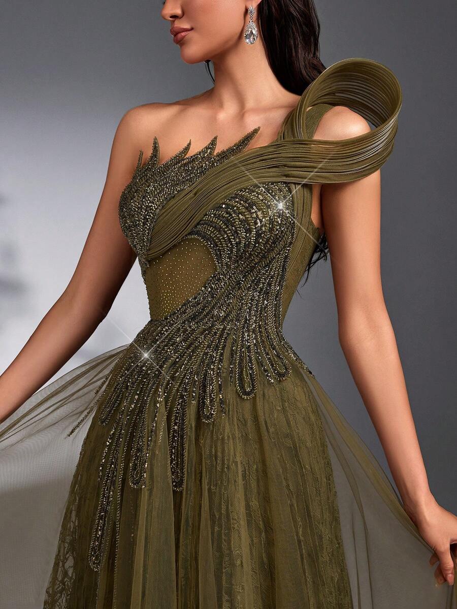 SD3266 Beaded Rhinestone Lace & Mesh Maxi Gown