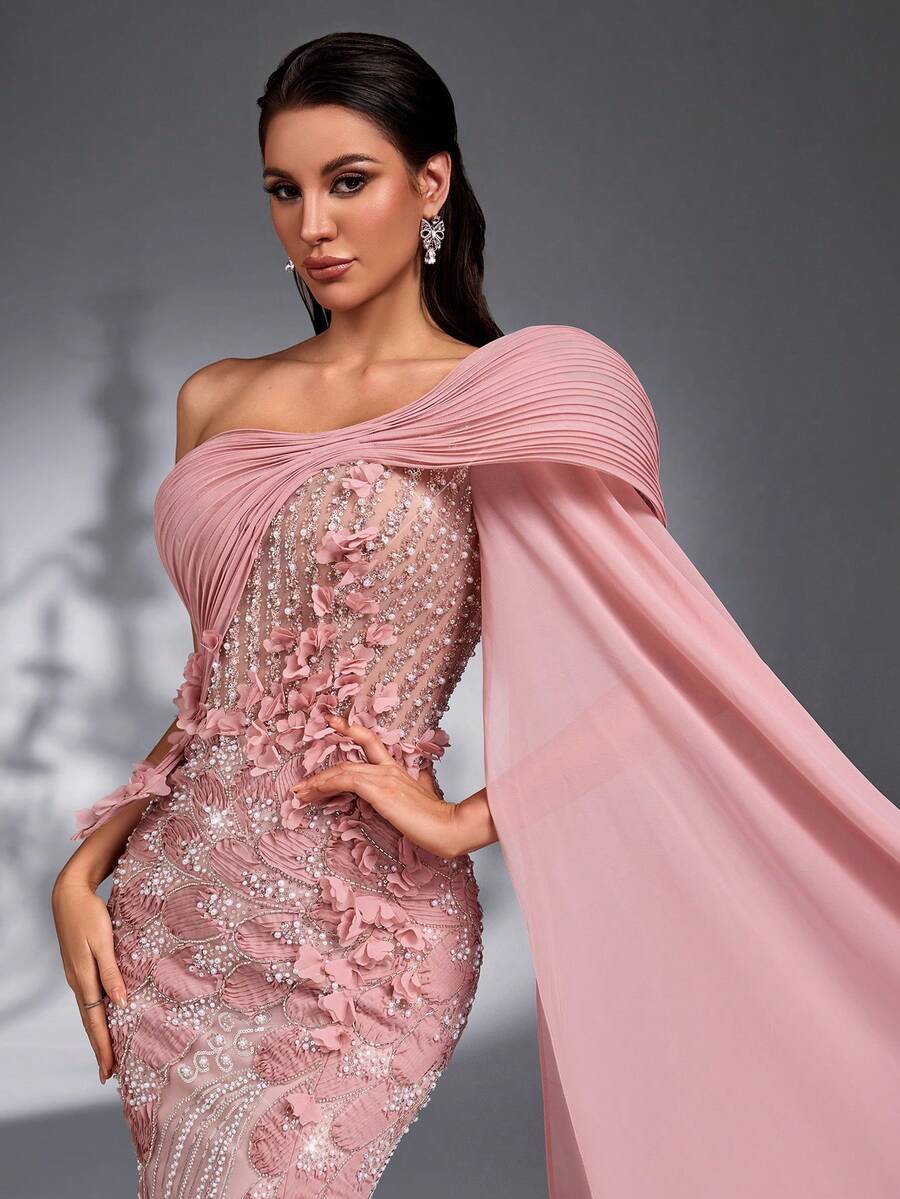 SD3272 Lotus Pink 3D Floral Cape Sleeve Gown