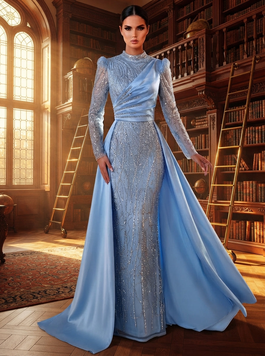 SDE3271 Luxury Beaded Embroidered Sequin Satin Fishtail Gown
