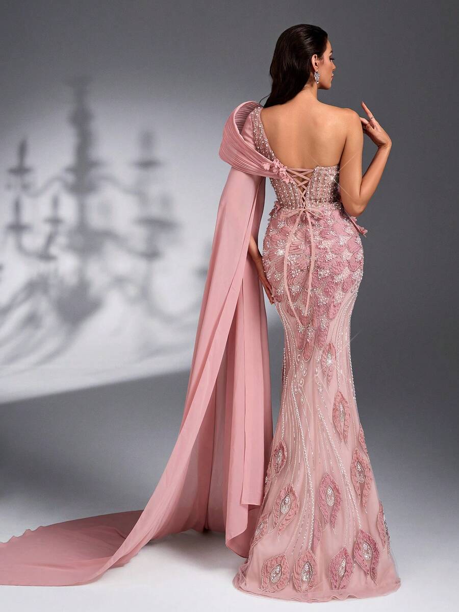 SD3272 Lotus Pink 3D Floral Cape Sleeve Gown