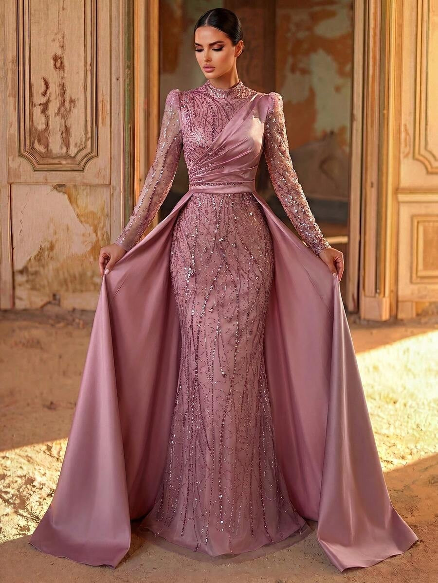 SDE3271 Luxury Beaded Embroidered Sequin Satin Fishtail Gown