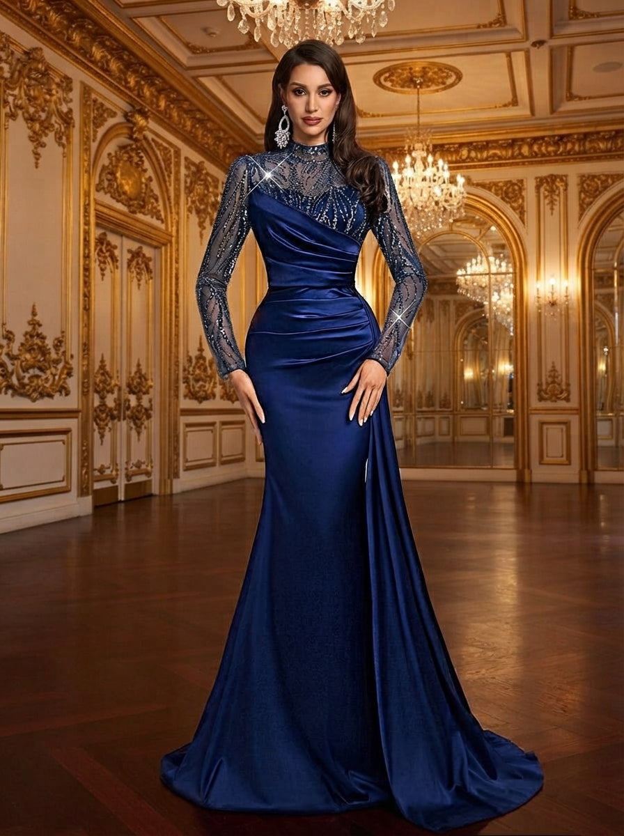 SDE3260 Navy Blue Sequin Patchwork Satin Evening Gown