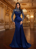 SDE3260 Navy Blue Sequin Patchwork Satin Evening Gown