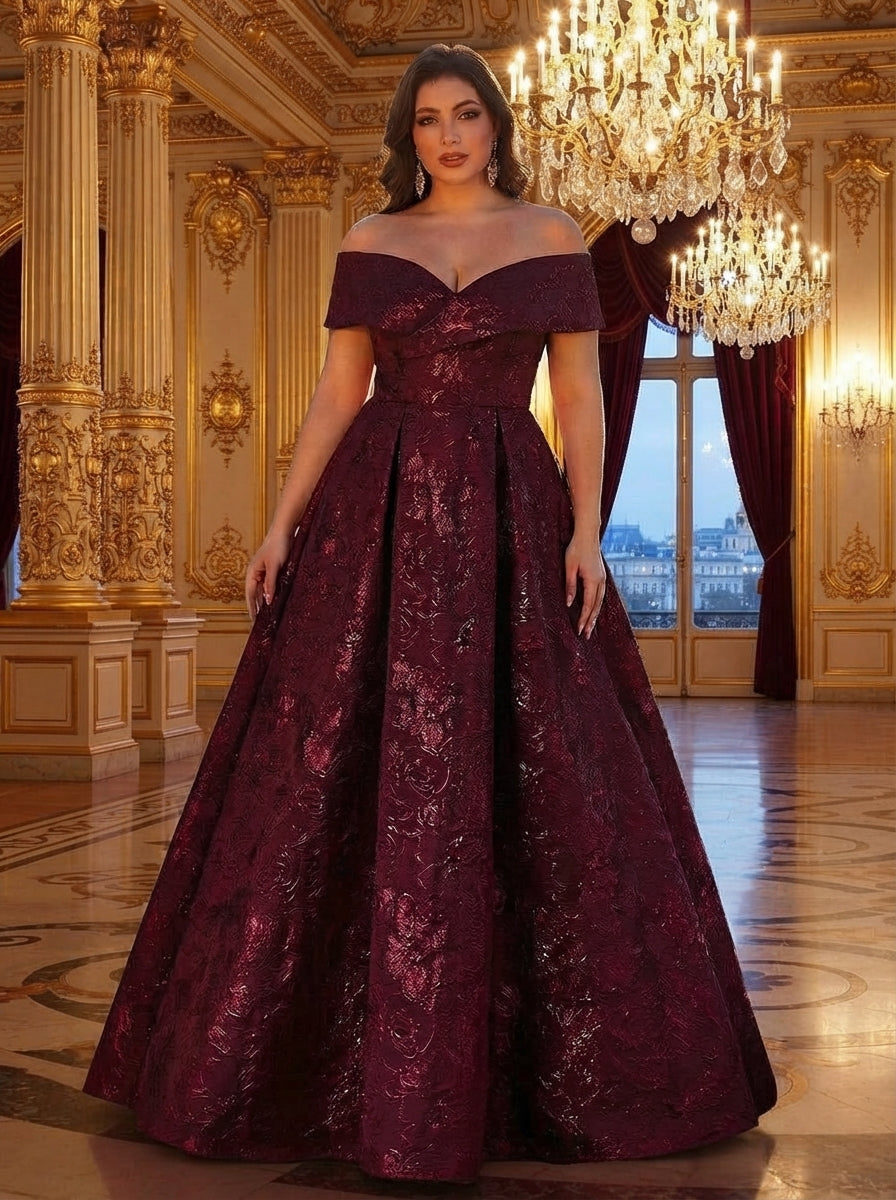 SDE3256 Plus Size Burgundy Jacquard Off-Shoulder Ball Gown