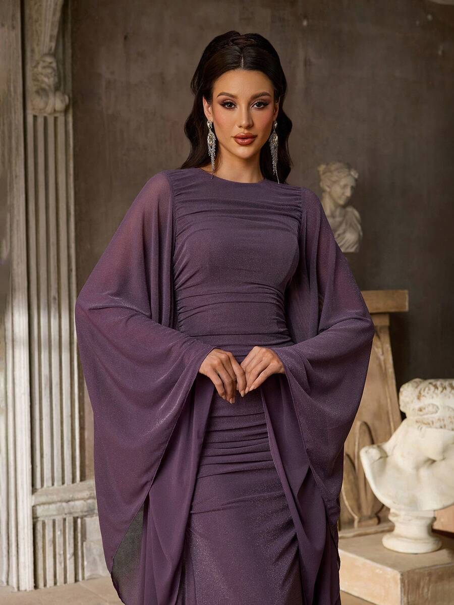 SDE3254 Knitted Satin Cape Sleeve Bodycon Mermaid Dress