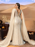 SD3257 Round Neck Beaded Gown with Ultra-Long Cape Sleeves