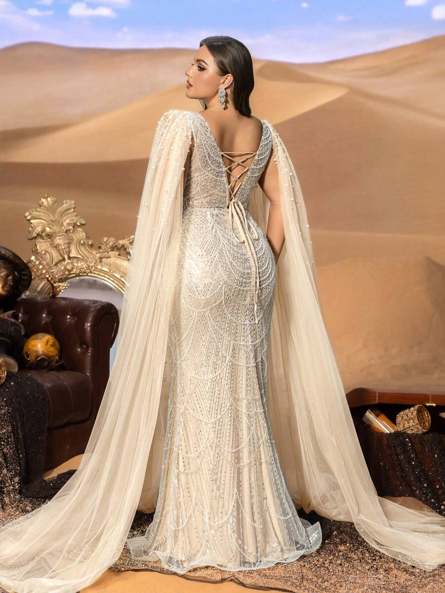 SD3257 Round Neck Beaded Gown with Ultra-Long Cape Sleeves