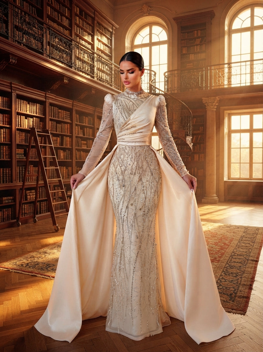SDE3271 Luxury Beaded Embroidered Sequin Satin Fishtail Gown