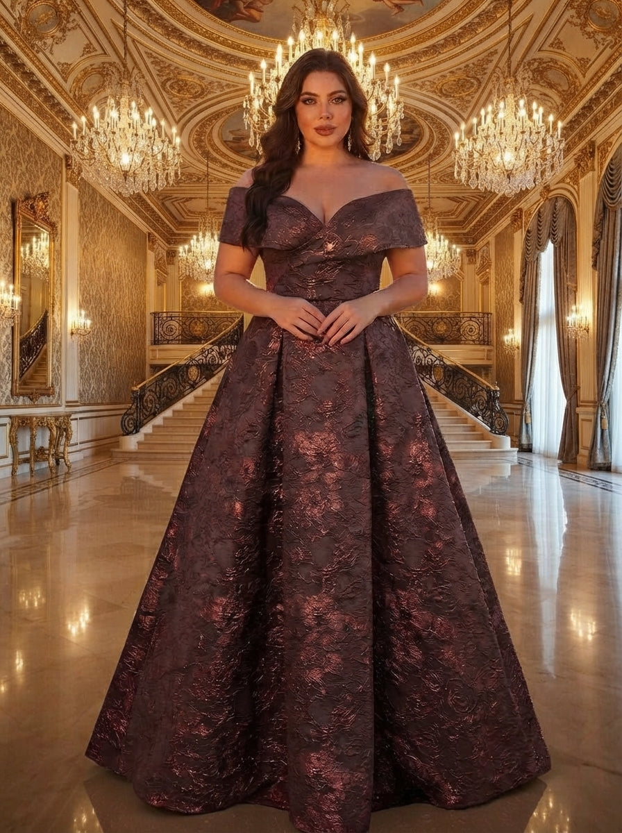 SDE3256 Plus Size Burgundy Jacquard Off-Shoulder Ball Gown