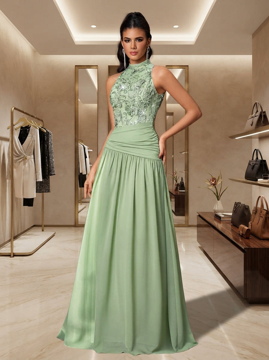SDE3284 Luxury 3D Floral Sequin Asymmetric Pleated Gown