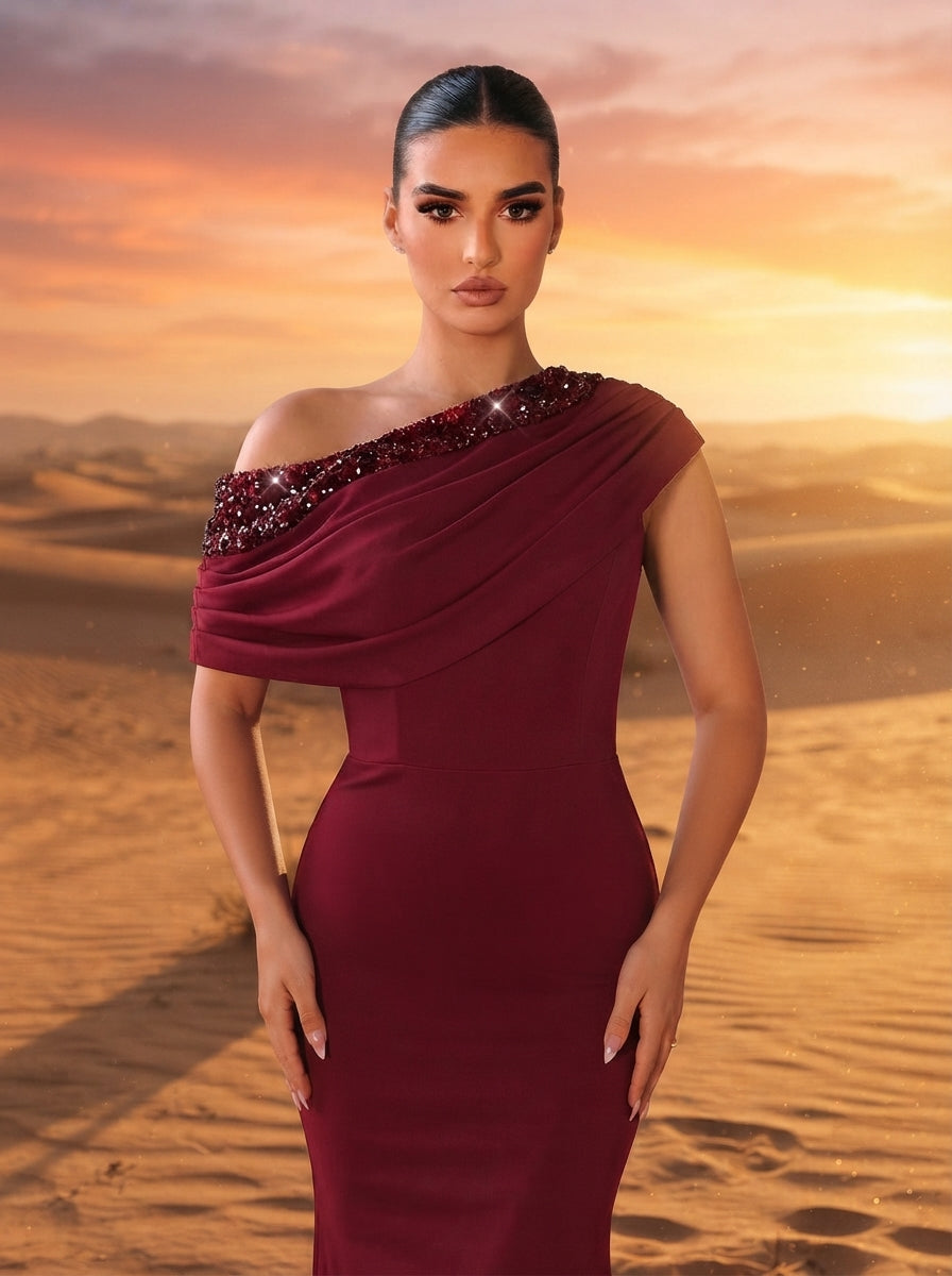 SDE3263 Black Sequined Embroidery One-Shoulder Fishtail Gown
