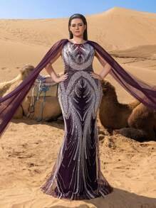 SD3243 Sheer Sleeve Sequin Mermaid Gown - UK22 (3XL), Purple image