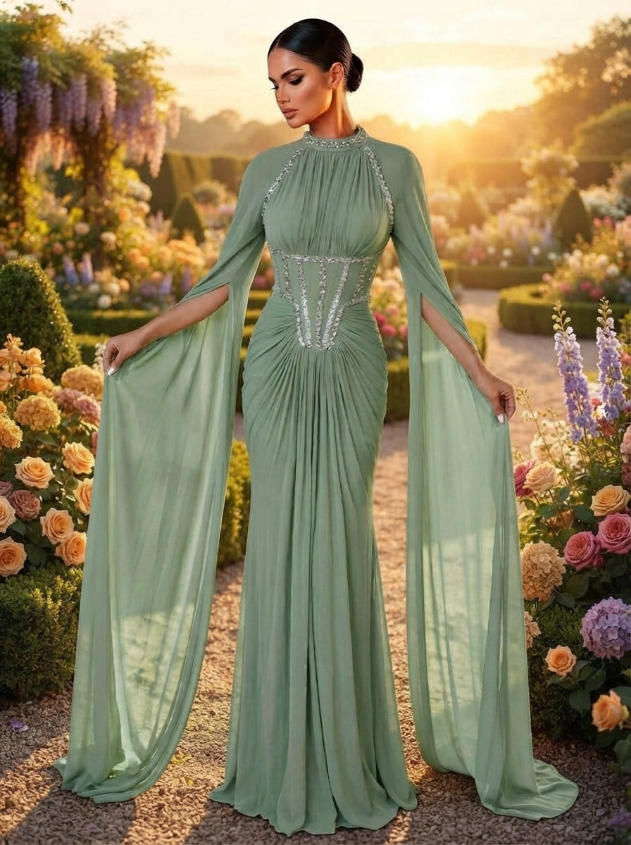 SDE3257 Luxury Beaded Diamond Chain Satin Mermaid Gown