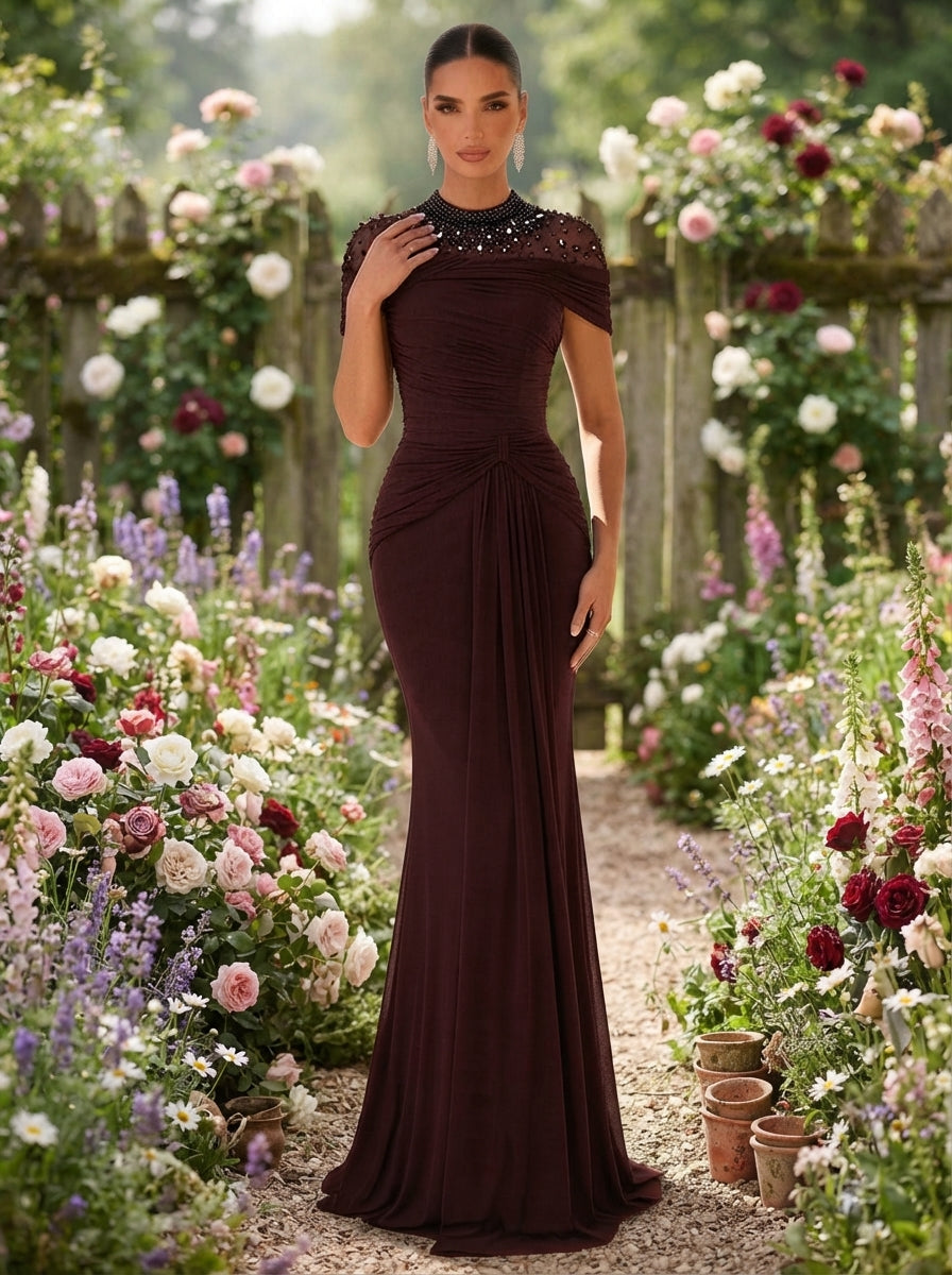 SDE3269 Luxury Diamond Sheer Splice Ruched Fishtail Gown
