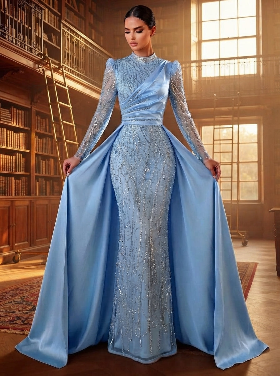 SDE3271 Luxury Beaded Embroidered Sequin Satin Fishtail Gown