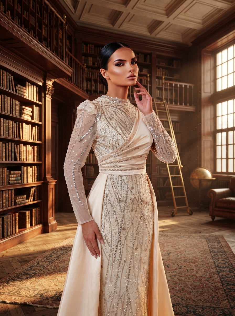 SDE3271 Luxury Beaded Embroidered Sequin Satin Fishtail Gown