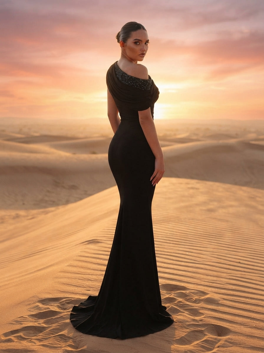 SDE3263 Black Sequined Embroidery One-Shoulder Fishtail Gown