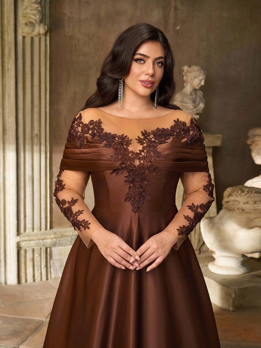 SDE3252 Plus Size Burgundy Lace Applique Off-Shoulder Satin Dress