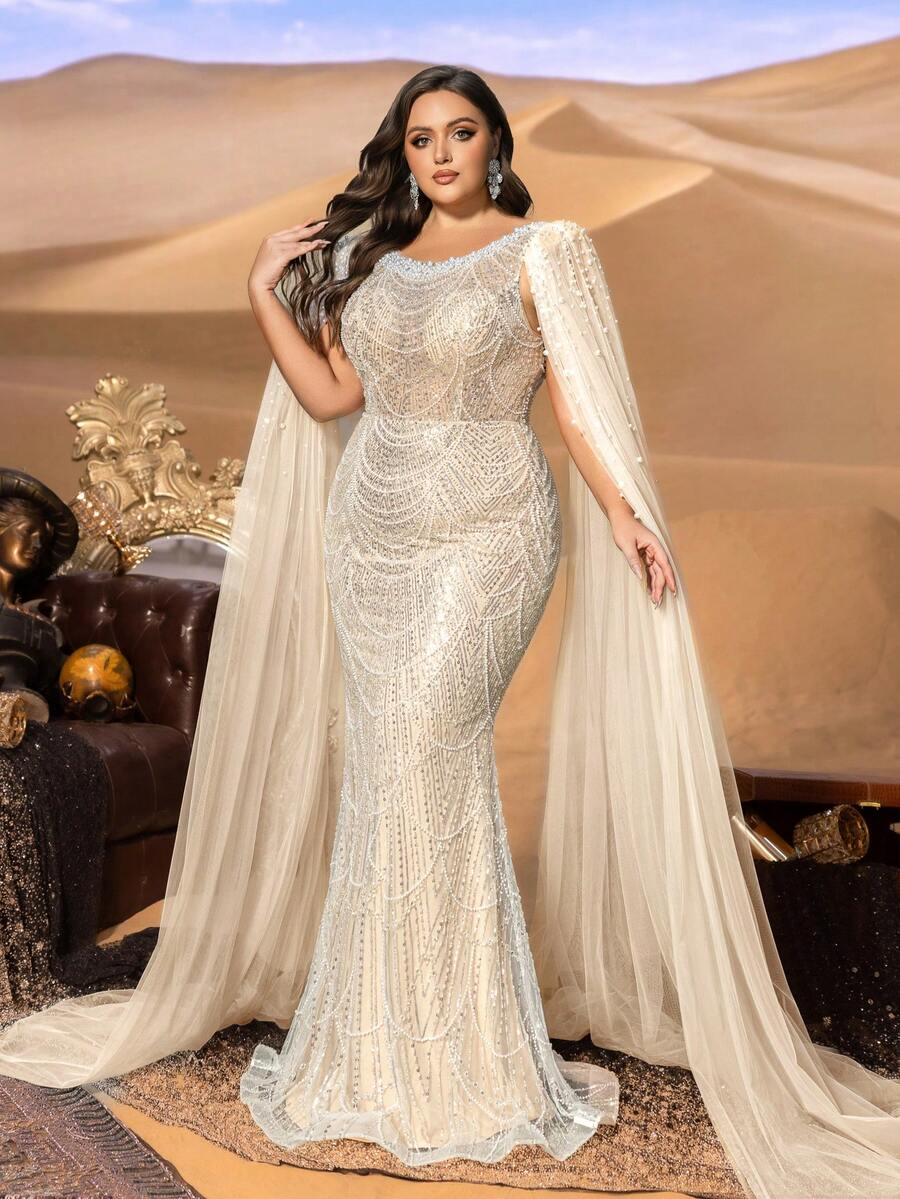 SD3257 Round Neck Beaded Gown with Ultra-Long Cape Sleeves
