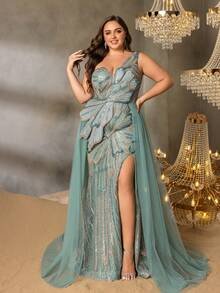 SD3242 One-Shoulder Emerald Beaded Gown with Tulle Overlay image 7