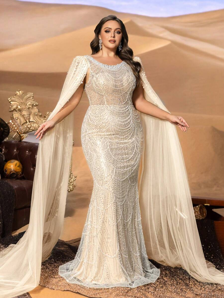 SD3257 Round Neck Beaded Gown with Ultra-Long Cape Sleeves