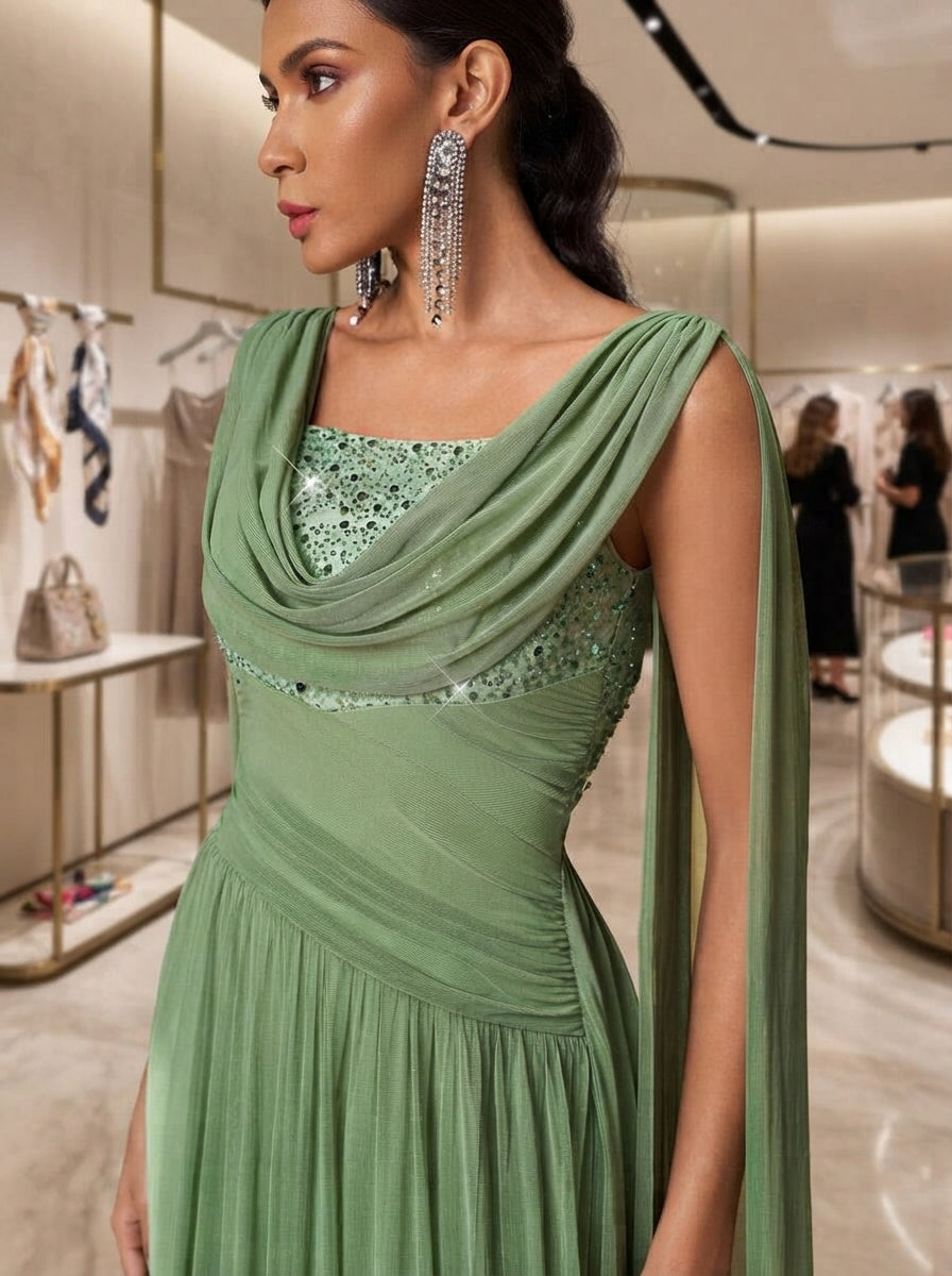 SDE3290 Luxury Beaded Chiffon Pleated Gown with Ruched Sleeves