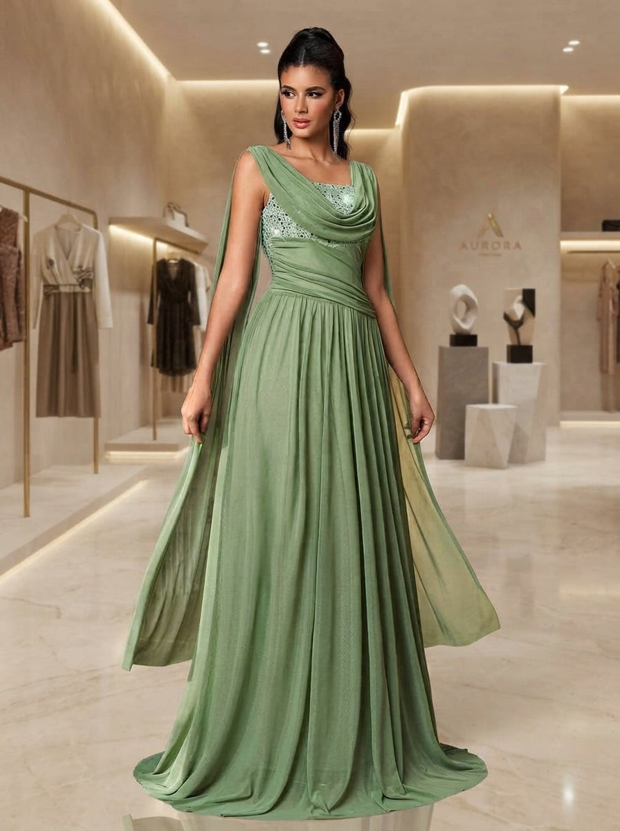 SDE3290 Luxury Beaded Chiffon Pleated Gown with Ruched Sleeves – Stunning Dresses