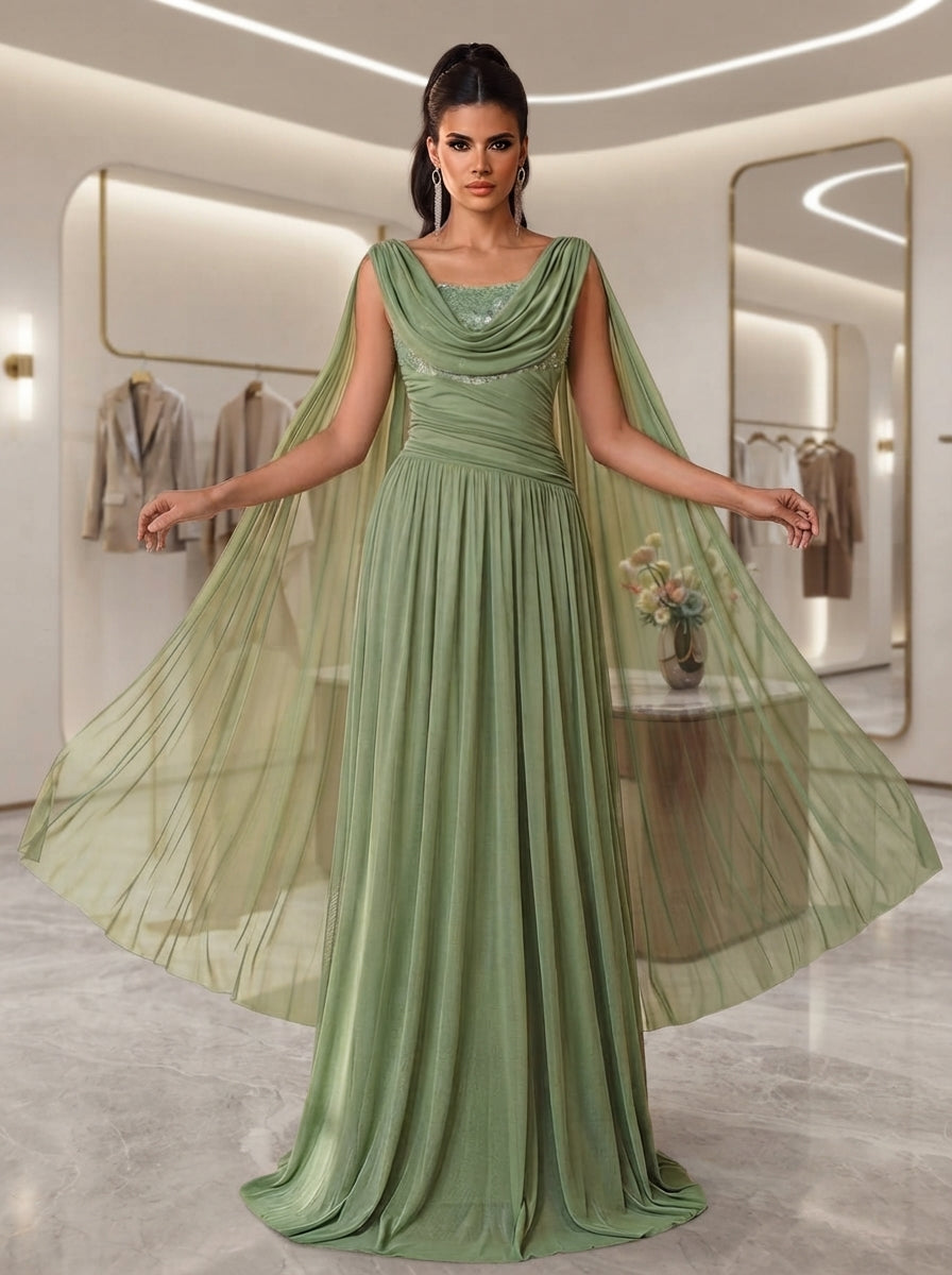 SDE3290 Luxury Beaded Chiffon Pleated Gown with Ruched Sleeves