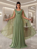 SDE3290 Luxury Beaded Chiffon Pleated Gown with Ruched Sleeves