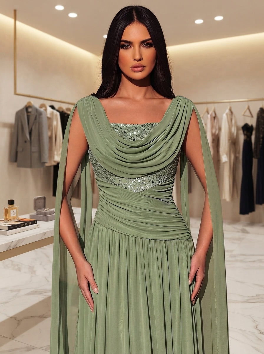 SDE3290 Luxury Beaded Chiffon Pleated Gown with Ruched Sleeves