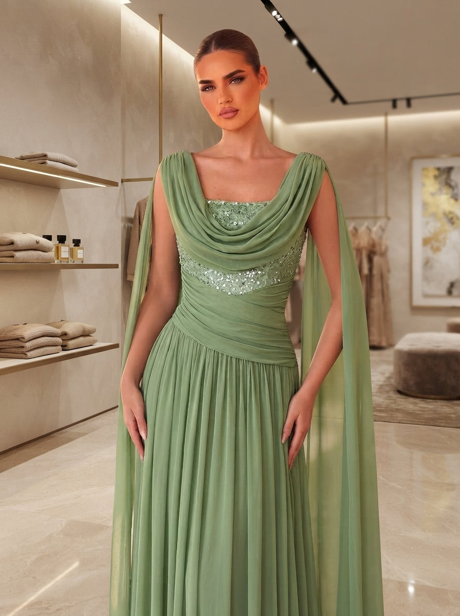 SDE3290 Luxury Beaded Chiffon Pleated Gown with Ruched Sleeves