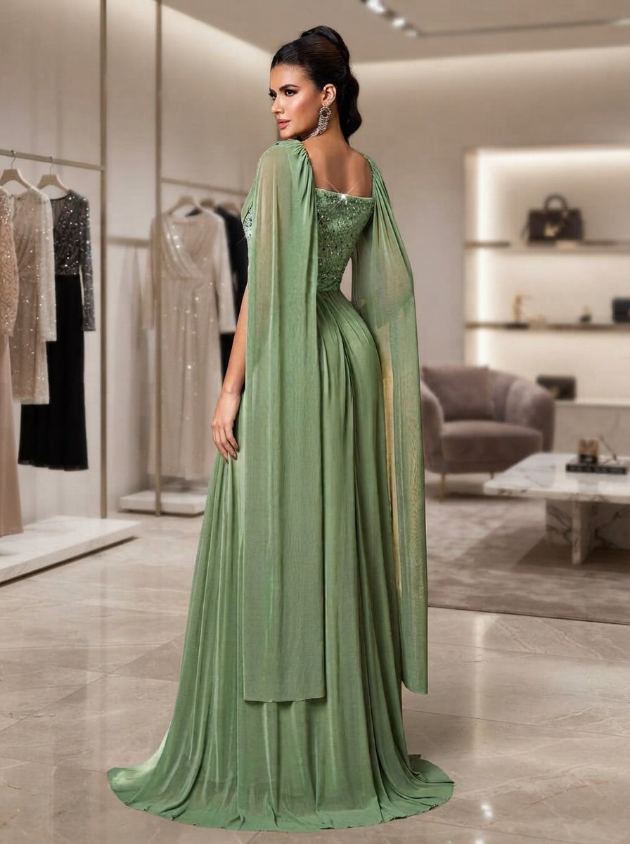 SDE3290 Luxury Beaded Chiffon Pleated Gown with Ruched Sleeves