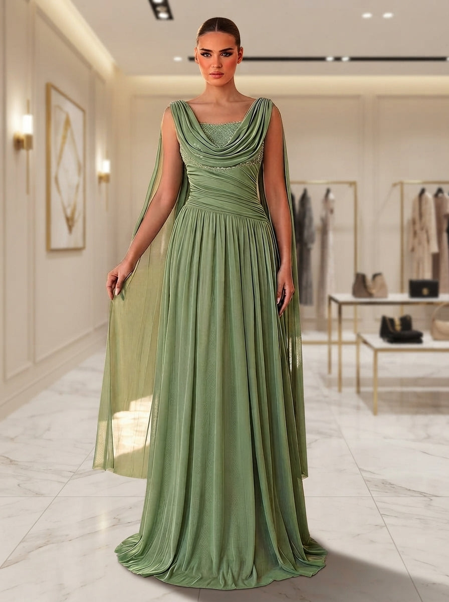 SDE3290 Luxury Beaded Chiffon Pleated Gown with Ruched Sleeves
