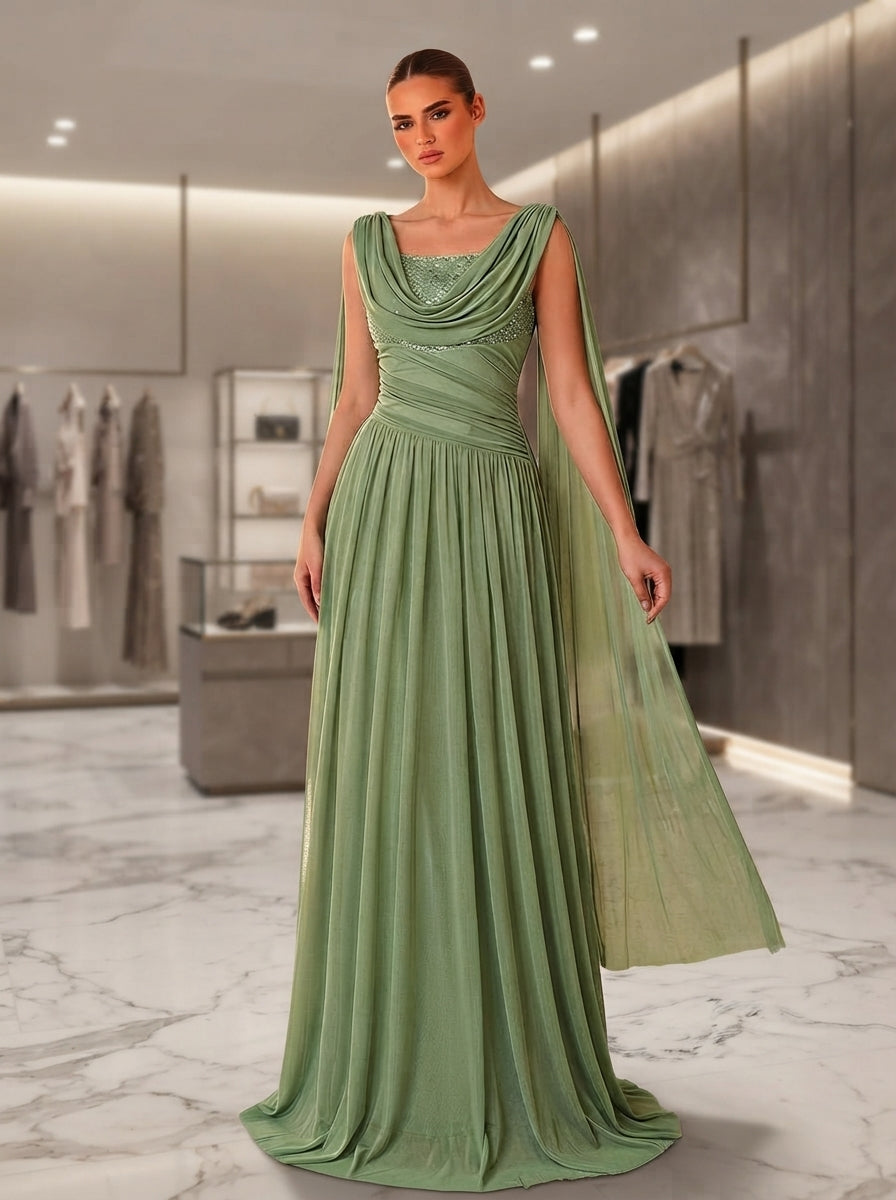 SDE3290 Luxury Beaded Chiffon Pleated Gown with Ruched Sleeves